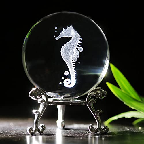 Vskikris 3D Crystal Ball With Sea Horse Figurines Glass Balls With Stand 3D Crystal Sphere Paperweight Gifts #TOP14