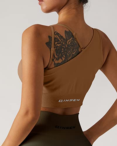 QINSEN Women's Workout One Shoulder Sports Bras Seamless Fitneess Running Yoga Crop Tops Coffee S - Image 3