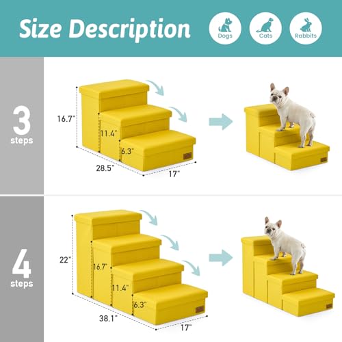 Image of Dog Stairs with Storage, 3-Step Wider Sturdy Dog Steps for Small /Medium /Large Dogs and Older Cats, Folding Doggie Ramp for Bed /Couch /Car Hold Up to 180 lbs (16.7 inch H, Yellow)