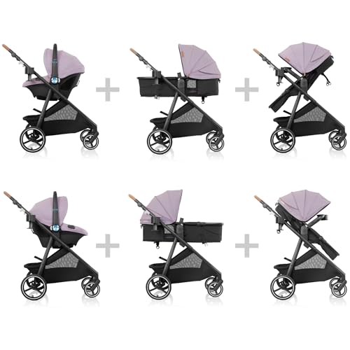 Image of Evenflo Shyft Intuiti+ Travel System Featuring Revolve180 LiteMax NXT Preemie and Infant Car Seat with SensorySoothe and Green & Gentle (Agate Purple)