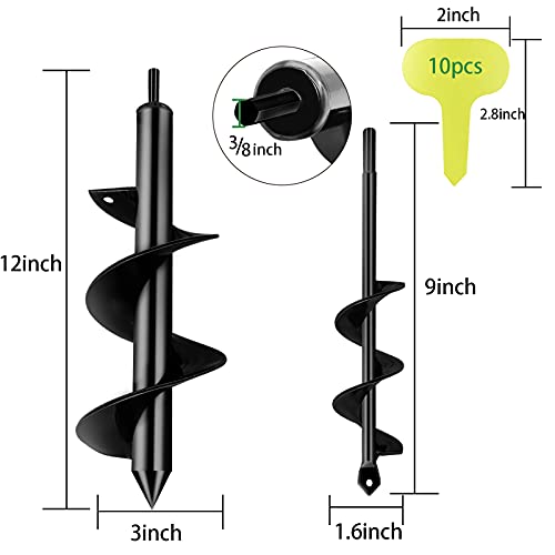 2 Pack Auger Drill Bit 3”X12“&1.6”X9“ Garden Auger Spiral Drill Bit,Bulb Auger For Cordless Drill,Drill Auger Bit For Planting,Soil Auger For Post Hole Digger,Garden Auger For 3/8” Hex Driver Drill #TOP4