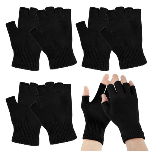 BEVTEE 4 Pairs Fingerless Gloves for Women Men, Winter Knitted Half Finger Gloves, Touchscreen Warm Stretchy Mittens, Common Size, Fit for Working, Typing, Writing, Running, Driving, Biking (Black)