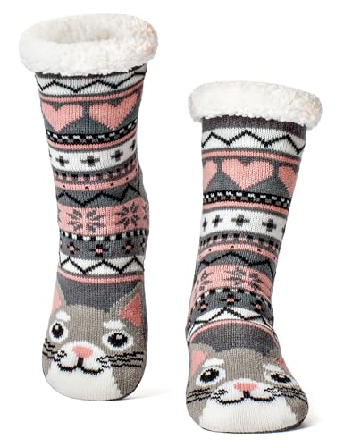 cosyone1997 Cat Fuzzy Slipper Socks for Big Kids with Grips Cute Animal Sherpa Lined Non-Slip Cozy Winter Socks Gifts Size 15
