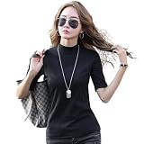 [Shanique] タートルネック レディース 綿 tシャツ 半袖 トップス 無地 春 夏 ハイネック インナー おしゃれ カットソー 5部袖 トレーナー 速乾 可愛い 丸首 薄手 カジュアル 通勤 きれいめ ドライ 夏服 ゆったり 着痩せ 韓国 黒tシャツ