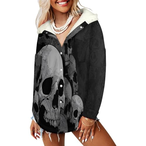 Blouson femme hiver gris à capuche polaire et motifs crâne gothique