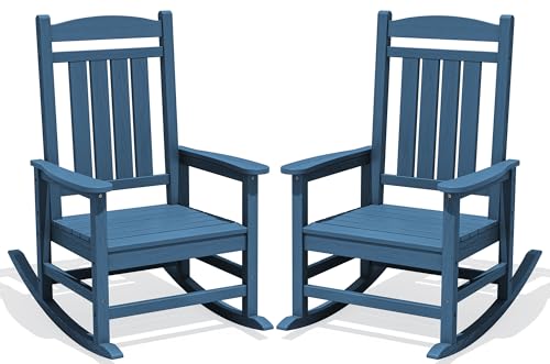 KINGYES HDPE Patio Rocking Chair Set of 2, Outdoor Rocking Chairs Porch Rocker for Adults, Navy