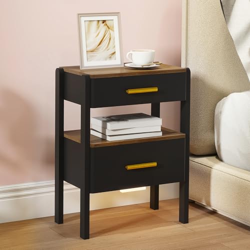 Image of Solid Wood Nightstand with 2 Drawers and Open Shelf Bedside Table End Table