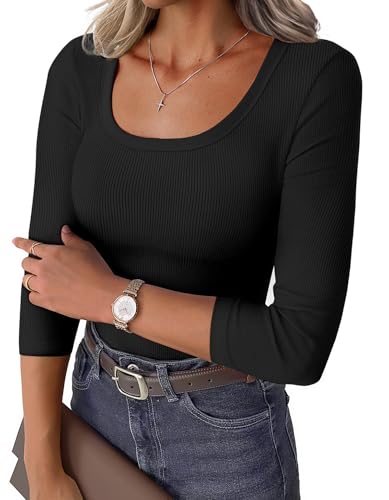 GKBK Womens 3/4 Sleeve Scoop Neck Tops Ribbed Knit Slim Fitted Casual Basic Tee Shirts 2025 Fall Summer Fashion Trendy Work Casual T-Shirt Workout Outfits Thermal Undershirts Layering Clothes Black L