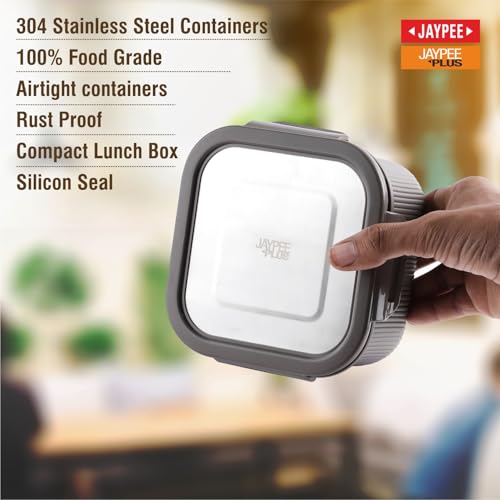 Image of Jaypee Plus Ultima Micro Seal Microwave Safe Air Tight Food Storage Container 400 ml Inner Stainless Steel Rib Design Spillproof Lunch Box for School, Office, Ideal for Snacks and Meal,Mirror Grey