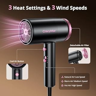CrazyMar Lightweight Hair Dryer with Diffuser&Concentrator, Professional Fast Drying Blow Dryer for Curly&Straight Hair, Compact Airwrap with 3 Speed&3 Temp&Cool Air&3.5 Billion ions