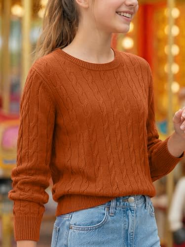 Image of Girls Sweaters Winter Tops Kids School Picture Teen Fashion Long Sleeve Crew Neck Cable Knit Casual Fall Cozy Pullover