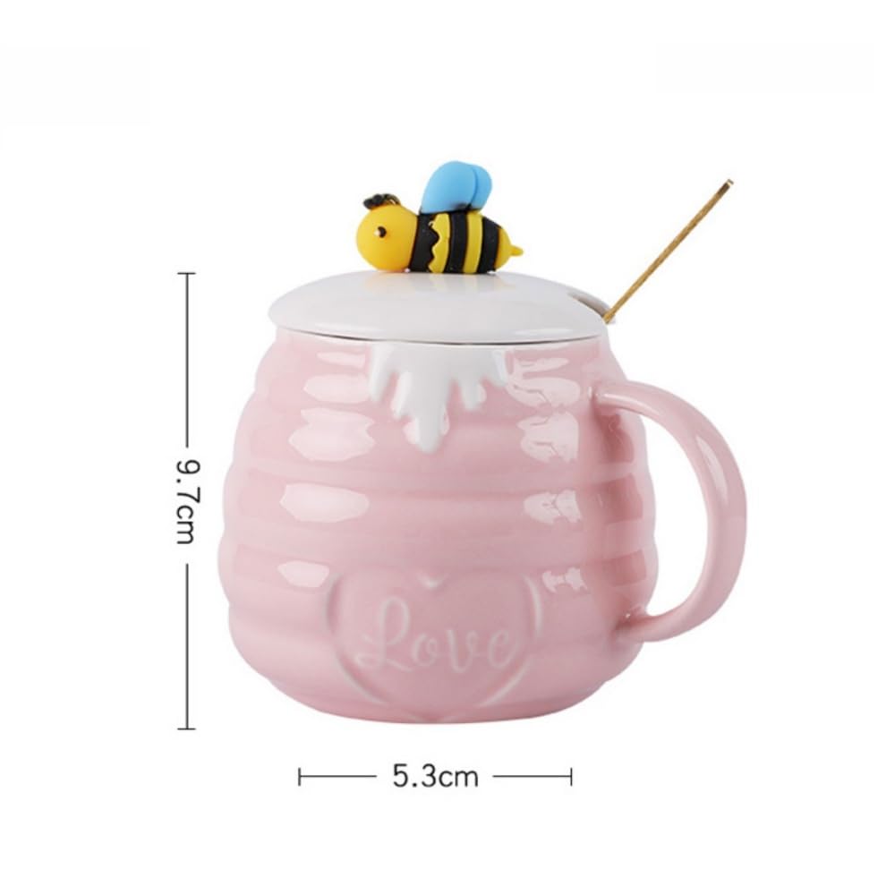 Kubek do kawy pszczół, 400 ml, z pokrywką i łyżeczką, słodki kubek ceramiczny z motywem pszczół, do kawy, kakao, herbaty dla kobiet i dziewcząt (zestaw 4 szt., różowy)