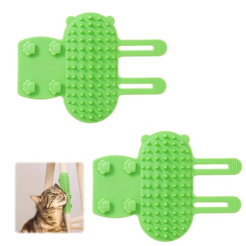 2 Pcs Cat Self Groomer, Silicone Softer 2-in-1 Self Cleaning Pet Dog Wall Corner Tickling Artifact Massage Brush Scratcher Adjustable Elastic Comb Tools (Green)
