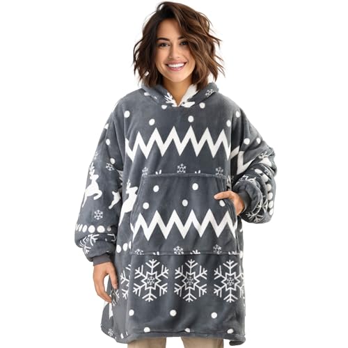 HOMELEVEL Sudadera manta para adulto - Sudadera oversize para estar en casa - Jersey batamanta para hombre y mujer - Albornoz unisex con bolsillos y capucha - Poncho gris oscuro