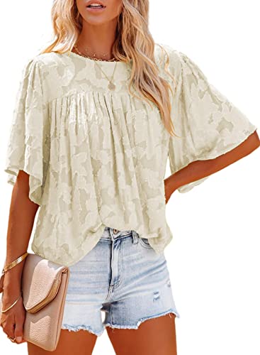 Photo 1 of Asvivid Womens Cute Crewneck Ruffle 3/4 Bell Sleeve Shirts Babydoll Tops Lace Blouses Casual Loose Summer Tops