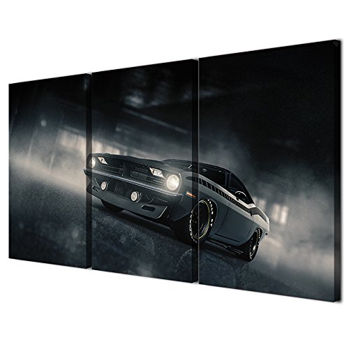 Tableau sur toile salon style loft avec affiche voiture de sport en 3 cadres