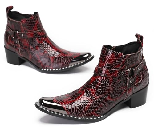 Santimon Cowboy Boots for Men Disco Party Red Dress Casual Leather Metal Square Toe Snakeskin Texture Chelase Boots Mens Fashion Ankle Western Boots for Boys4