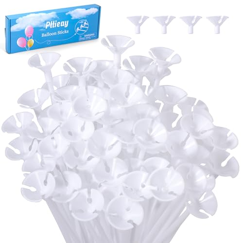 Pllieay 100 Pieces Balloon Sticks, White Balloon Sticks Holders with Cups for Birthday Party, Valentine's Day, Wedding, Anniversary Decoration