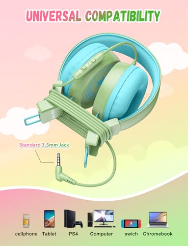 Image of New Bee 2 Pack Kids Headphones with Microphone, 85dB /94dB Safe Volume Limited Childrens Headset, Foldable Wired Toddler Headphones Over Ear for School Travel Mac /Android /Kindle /Tablet /Pad- Green Pink