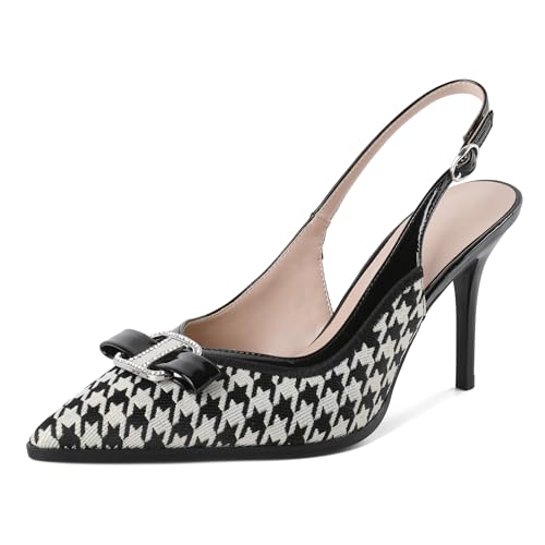 Eldof Women Slingback Heels Rhinestone Buckle Houndstooth Pointed Toe Slip On Stilettos High Heel Pumps Shoes Dressy 3.5 Inches