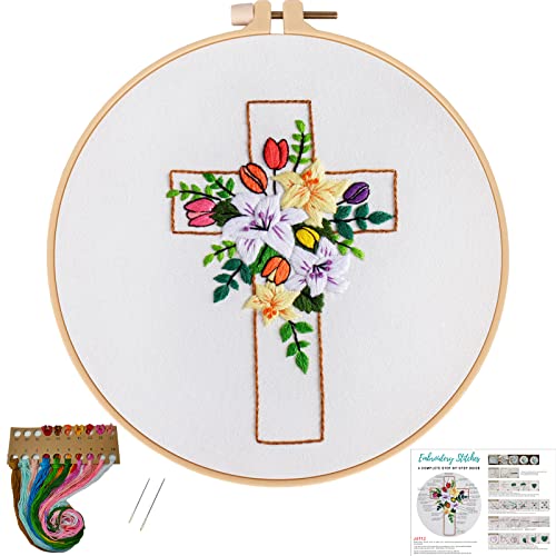 Image of Louise Maelys Cross Lily Pattern Embroidery Starter Kit,Cross Stitch Kits for Adults with Embroidery Hoop Needles Threads Instruction -Easter Jesus