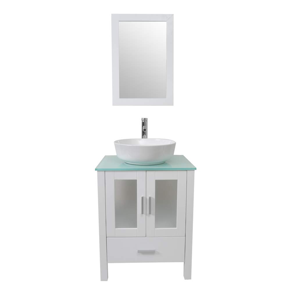 TONYRENA24 inch Bathroom Vanity in White with Mirror and Tempered Glass Countertop,Include White Round Vessel Sink Set