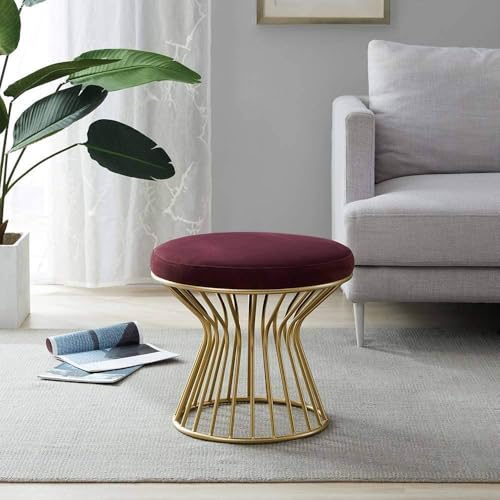 Image of Round Velvet Ottoman Seatting Stool Foot Rest Vanity Dressing Stool with Gold Metal Legs Modern Upholstered Footstool for Living Room Bedroom Home and Office Red