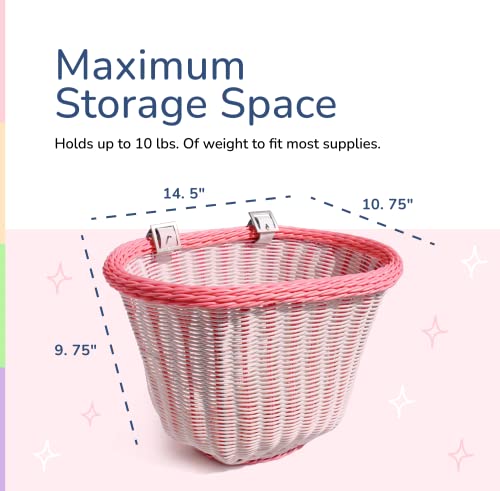 Colorbasket 01334 Adult Front Handlebar Bike Basket, All Weather, Water Resistant, Adjustable Leather Straps, White With Pink Trim #TOP6