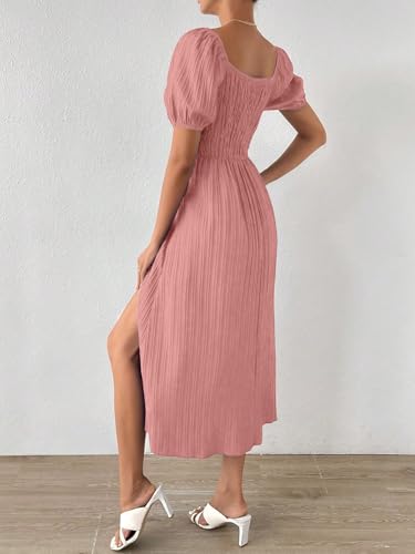 Image of Shasmi Women's & Girl's Tie Front Split Thigh Milkmaid Maxi Dress - Square Neck Puff Sleeve A-Line Long Dress, Elegant Casual & Parties Wear for Ledies (Dress 245)