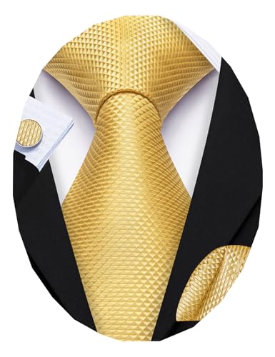 Image of Barry.Wang Tie Sets for Men Silk Stripe Necktie Woven Checkered Handkerchief Cufflinks Formal Business Wedding