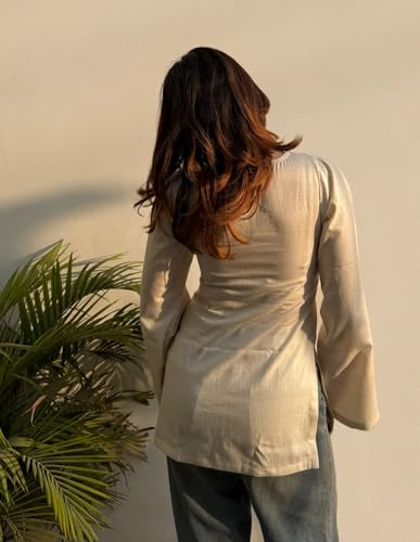 Image of ANNI Designer Short Kurti for Women Solid Design | V Neck Full Sleeve Kurti Tops for Women | Stylish Kurtis & Short Kurtis for Woman | Casual Kurti with Jeans | Kurtas for Woman