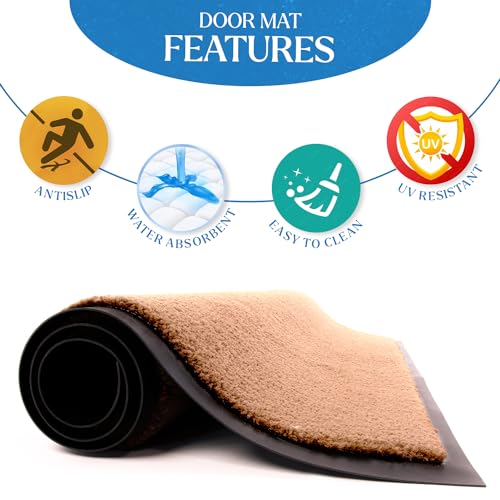 FB FunkyBuys Washable Dirt Trapper Door Mats Indoor & Outdoor, Heavy Duty Non Slip Doormats, Rubber Backed Floor Mat, Super Absorbent Front Door Mat, Entrance Rug (Beige-Plain, 40cm x 60cm)