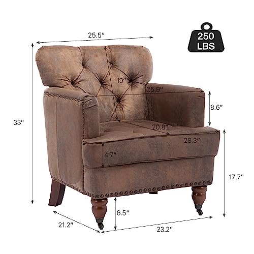 Goolon Living Room Chair Club Chair, Upholstered Fabric Modern Accent Chair Button Tufted Backrest Armchair With Nailhead Trim, For Bedroom Reading Room Brown 1Pcs #TOP2