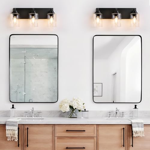 Image of Black Bathroom Light Fixture, 3 Light Matte Black Vanity Light, 18.8 inch Modern Farmhouse Bathroom Lighting Fixtures Over Mirror, with Clear Glass Shade, Vanity Lights for Bathroom, Bedroom, Hallway
