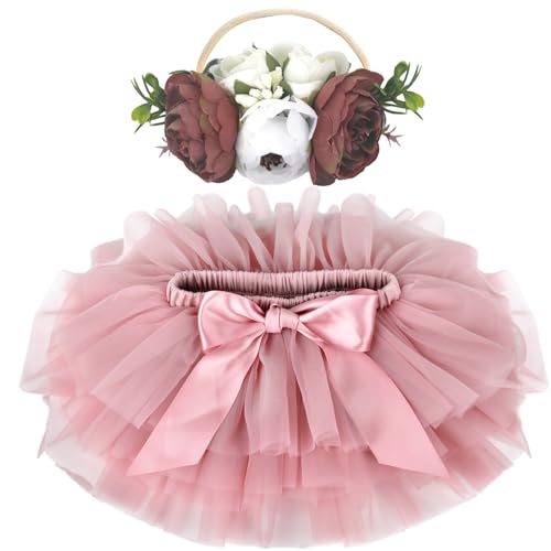 Newborn Photography Outfits Girl Soft Fluffy Baby Girls Tutu Skirt with Diaper Cover, Cute Pink Ruffle Tulle Newborn Tutu Dress Sets with Flower Headband 0-6 Months Baby Shower Decor Best Gift