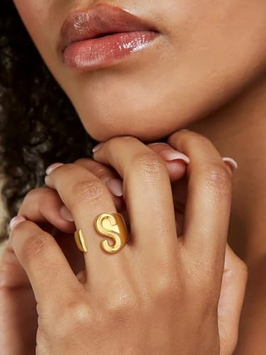 Suplight Nikel Free 18K Gold Plated Letter Rings, Fashion Monogram Jewelry Statement A-Z Wide Name Initial Alphabet Adjustable Open Ring for Women3