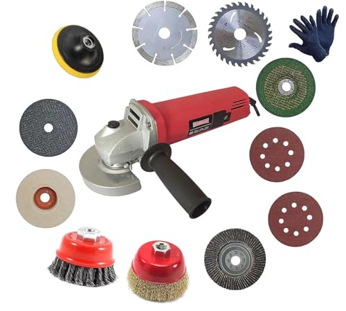 Image of Inditrust Dumdaar Angle Grinder Set, 950W, 100mm Wheel Diameter, With 1Pair Gloves and 11pc Multi type wheel Combo Angle Grinder (Red)