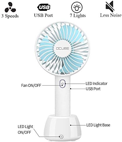 OCUBE Handheld Fan, Mini Hand Held Fan with 7 Color LED Light Base, 2000mAh Battery Operated USB Rechargeable Desk Fan, 3 Speeds Electric Portable Personal Cooling Fan for Home Office Travel (Blue)