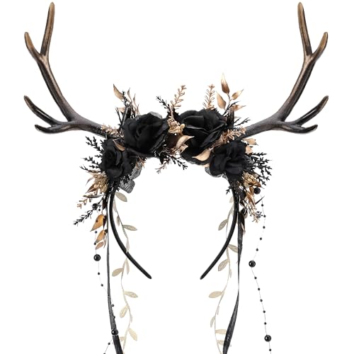 MOSTORY Black Flower Reindeer Headpiece - Dark Floral Antlers Headpiece for Goth Cosplay Dark Fairy Costume, Gothic Deer Horns Headband with Vine for Renaissance Accessories Women Witch Aesthetic