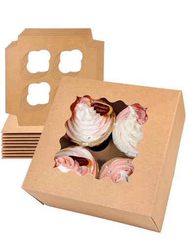 Gcardist Brown Automatic Popup 4 Cupcake Boxes with Window, Pack of 12, 16 x 16 x 7.6 cm Bakery Boxes for Cupcake Carrier - Image 3