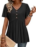 Womens Summer Tops 2026 Babydoll Maternity Clothes Women's Clothing Spring Tshirts Shirts for Women V Neck Button Down Short Sleeve Shirts Eyelet Lace Sleeve Top Black S