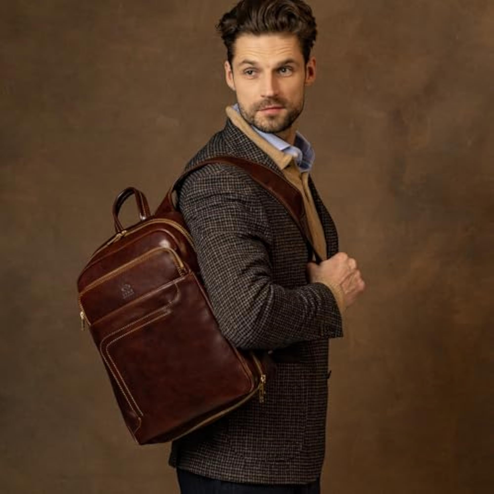 Classic Leather Business Backpack for Laptop, Brown