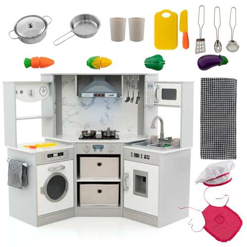 DREAMADE Cuisine Enfant avec Micro-Ondes, Cuisinière Électronique, Cuisine d'angle en Bois avec Effets Lumineux et Sonores, Accessoires Riches, Jouet Dinettes pour 3+ Ans (Blanc + Gris)