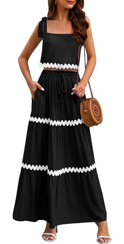 Image of ETOSELL Womens Two Piece Skirt Set 2024 Summer Sets Tie Up Sleeveless Tank Top Maxi Skirt Casual Beach Cruise Vacation Dresses Outfits with Pockets, Small