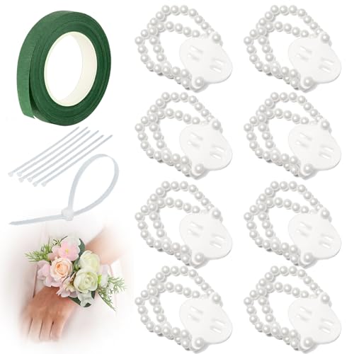 Corsage Wristlet Band 8Pcs Wrist Corsage Bracelets,Pearl Stretch Elastic Wristlets
