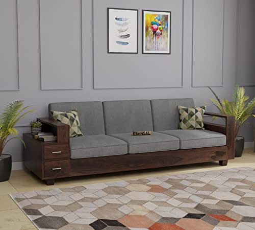 Image of Solid Sheesham Wood Sofa Set 3 Seater, Three Seater Sofa Set, Sofa Sets for Living Room with Attached End Table, 2 Drawer Storage, Rosewood, Walnut Finish
