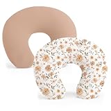 Konssy 2 Pack Nursing Pillow Covers, Stretchy and Soft Nursing Cover for Breastfeeding Pillows, Pillow Slipcover for Baby Girls Boys Newborn (Beige,Watercolour-Flower)