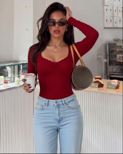 Image of SUUKSESS Women Sweetheart V Neck Long Sleeve Tops Lace Trim Ribbed Modal Fall Going Out Shirts