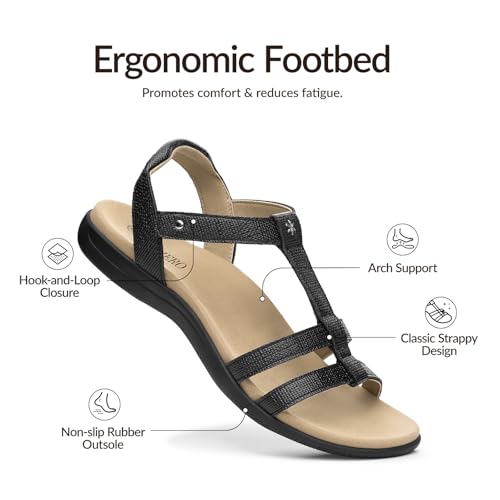 Rihero Women's Orthopedic Flat Sandals with Arch Support Comfortable Dressy Casual Walking Orthotic Flat Sandals Black Emboss Size 7.5 — view 4
