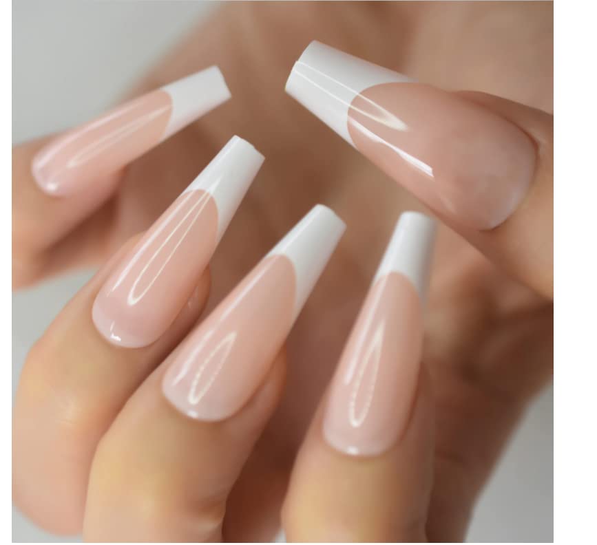 VIKSON INTERNATIONAL 20 Pcs EXTRA LONG SKIN NUDE FRENCH TIP UV GEL FINISH Reusable Artificial Nails set WITH NAIL GLUE STICKER SHEET & NAILS APPLY KIT. 2